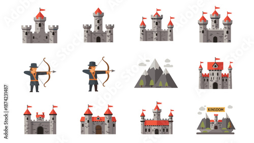 Medieval castles and archers collection with flat design elements