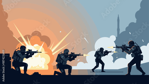 Silhouette soldiers in battle with explosions in dramatic dynamic scene