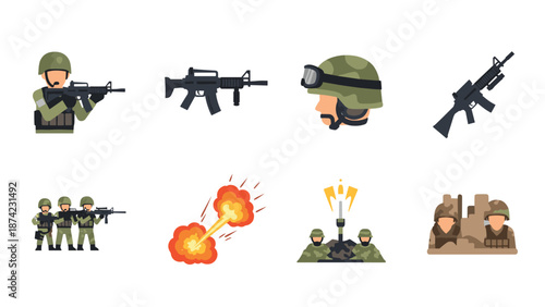 Flat military icons set featuring soldiers, weapons, and explosions in various scenarios