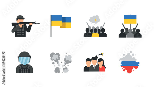 Military conflict icons reflecting ukraine russia tensions in flat style