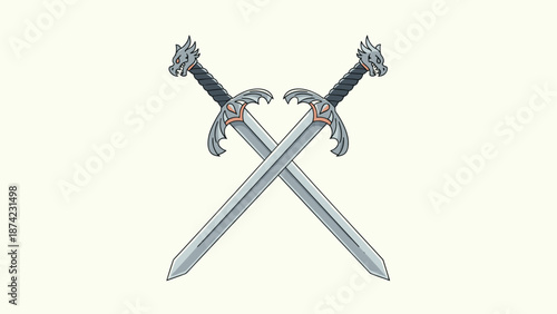 Crossed swords with dragon handles in cartoon style for fantasy and medieval themes