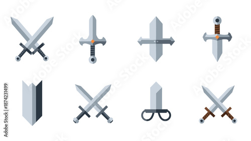Collection of flat medieval swords and shields on white background