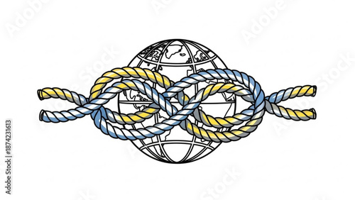 Knot with Yellow and Blue Ropes Wrapped Around Globe Isolated on White