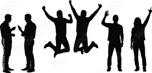 Black silhouette collection of happy people celebrating, jumping for joy, waving hands, men talking on phones, victory poses, and successful group.