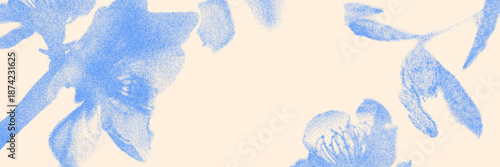 Blue cyanotype botanical background. Soft stipple overlay texture with flower, leaf and twig silhouette. Delicate indigo blue nature banner for template and graphic design project.