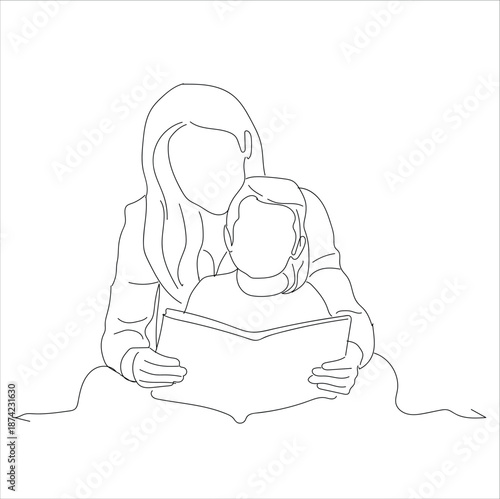 mother accompanies child reading book.Continuous line drawing of a young single mother accompanying her daughter to study at home. 