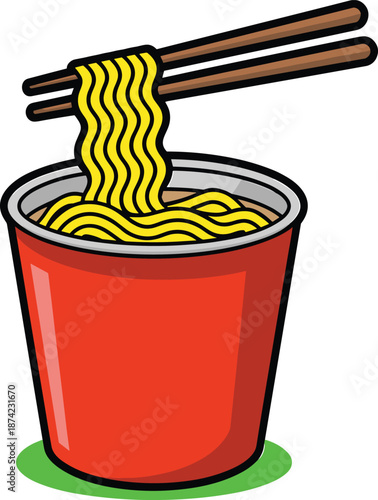 Instant noodles cup illustration, ramen with chopsticks, fast food concept, asian cuisine icon, cartoon vector, isolated on white