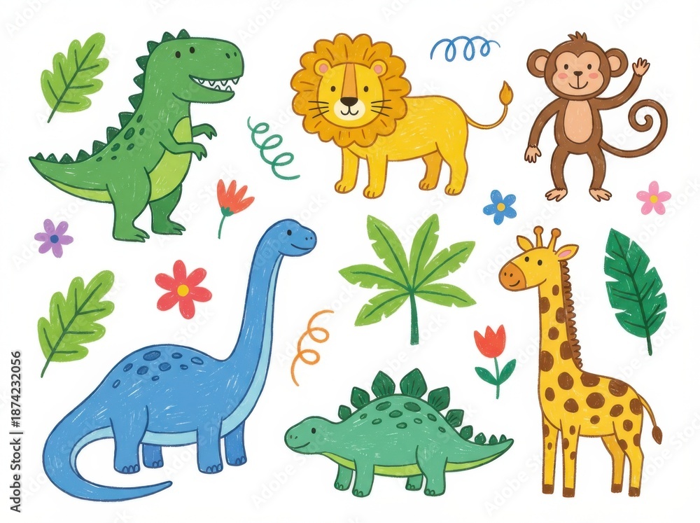 Obraz premium flat kids set of kids doodles and animals simple dinosaurs and jungle animals perfect for posters social media graphics and web design isolated on white background