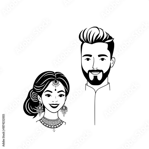 Indian couple wedding logo-style illustration featuring a beautiful bride with intricate earrings and a sleek hair bun, paired with a groom having a trendy modern hairstyle, both designed with clean l