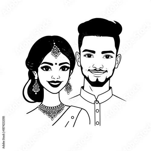 Indian couple wedding logo-style illustration featuring a beautiful bride with intricate earrings and a sleek hair bun, paired with a groom having a trendy modern hairstyle, both designed with clean l