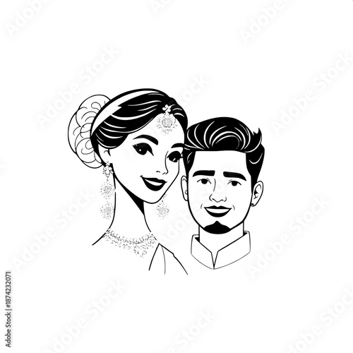 Indian couple wedding logo-style illustration featuring a beautiful bride with intricate earrings and a sleek hair bun, paired with a groom having a trendy modern hairstyle, both designed with clean l