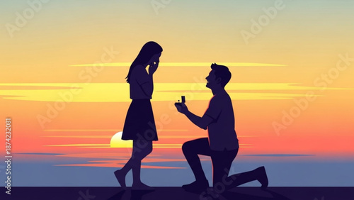 Man Proposing to Woman on One Knee at Sunset