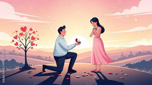 Man Proposing to Woman on One Knee with Ring during Sunset