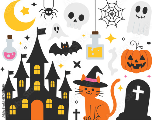 Halloween graveyard scene with tombstones, zombie hands, bats, witch hat, and black cat, spooky cemetery silhouette illustration design