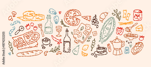 Italian and Mediterranean cuisine. Pasta, pizza, wine, and seafood in vintage doodle style for menus and restaurant design. Hand drawn food illustration set.