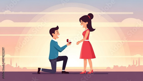Man Proposing to Woman with Engagement Ring on One Knee during Sunset