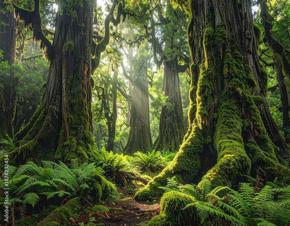 Fototapeta premium Sunlight filters through moss-covered ancient trees in a lush forest.