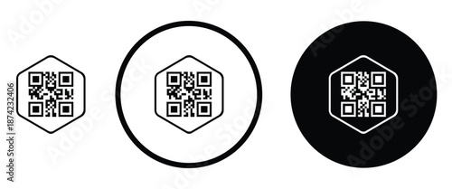 Three minimalist black and white QR code icons arranged horizontally on a transparent background. Left: standard square QR pattern. Center: QR inside thin white circle on black. Right: QR inside thick