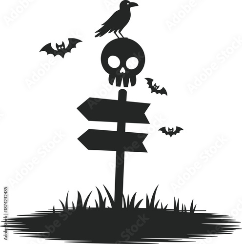 Halloween spooky direction signpost silhouette, crow sitting on skull sign, bats flying, dark graveyard scene, eerie black and white illustration