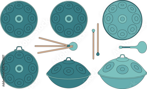 Handpan illustration set, steel tongue drums, musical instruments, percussion collection, mallets and accessories, vector art, relaxing sound therapy icons