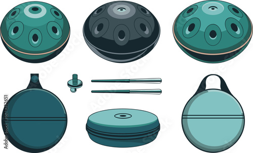 Handpan illustration set, steel tongue drums, musical instruments, percussion collection, mallets and accessories, vector art, relaxing sound therapy icons