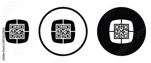 Three minimalist black and white QR code icons arranged horizontally on a transparent background. Left: standard square QR pattern. Center: QR inside thin white circle on black. Right: QR inside thick