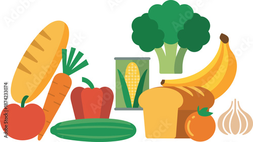 Healthy food illustration featuring fruits, vegetables, bread, milk and groceries, colorful nutrition concept for market, organic food and diet design