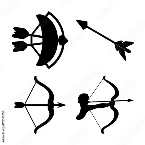 Diverse archery equipment and action silhouettes: bow, arrow, quiver, and archer illustration