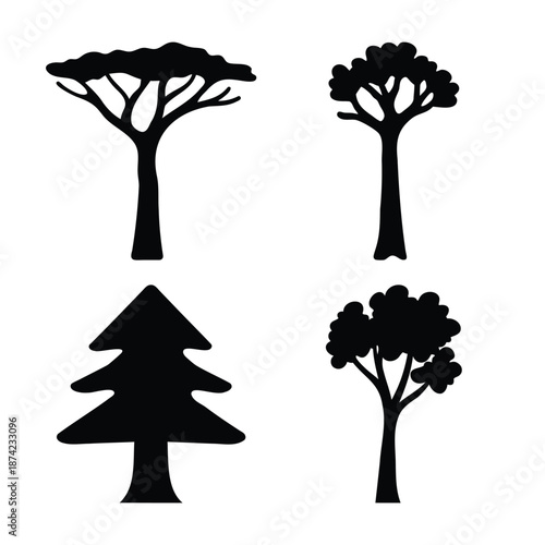 Collection of diverse tree silhouettes representing different natural forms and species