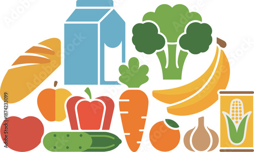 Healthy food illustration featuring fruits, vegetables, bread, milk and groceries, colorful nutrition concept for market, organic food and diet design