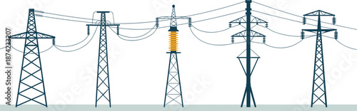 High voltage electric transmission towers and power lines illustration showing energy infrastructure, electricity distribution, industrial engineering, and utility concept design