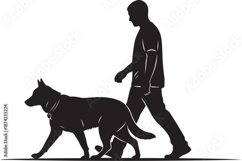 Man walking with dog in silhouette style illustration