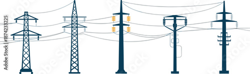 High voltage electric transmission towers and power lines illustration showing energy infrastructure, electricity distribution, industrial engineering, and utility concept design
