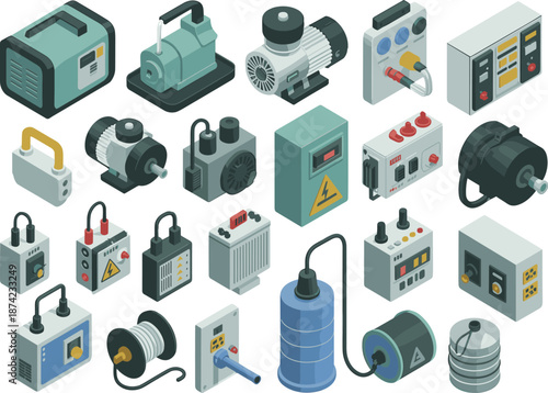 Isometric industrial electrical equipment icons set, featuring generators motors transformers control panels batteries power systems illustration, for factory engineering design
