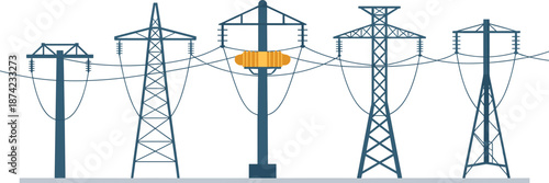 High voltage electric transmission towers and power lines illustration showing energy infrastructure, electricity distribution, industrial engineering, and utility concept design