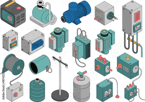 Isometric industrial electrical equipment icons set, featuring generators motors transformers control panels batteries power systems illustration, for factory engineering design