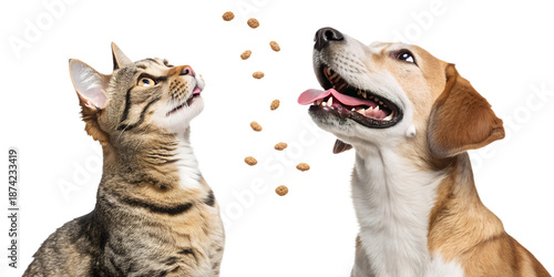 Ultra realistic cat and dog together, medium close-up, both animals with open mouths and tongues visible, playful excited expressions, trying to catch falling pet food, mix of dog and cat kibble piece