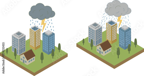 Isometric 3D city illustration with modern urban buildings under heavy rain and thunderstorm clouds showing bad weather climate concept