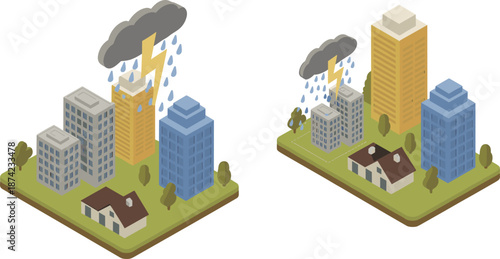Isometric 3D city illustration with modern urban buildings under heavy rain and thunderstorm clouds showing bad weather climate concept