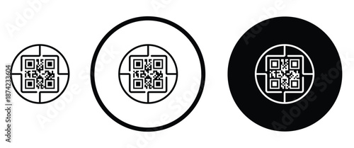 Three minimalist black and white QR code icons arranged horizontally on a transparent background. Left: standard square QR pattern. Center: QR inside thin white circle on black. Right: QR inside thick