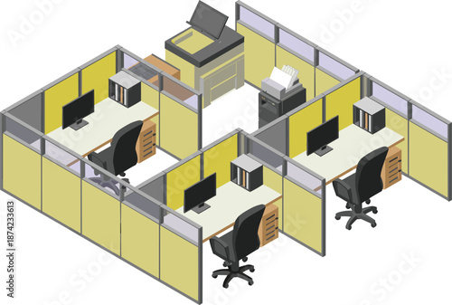 Isometric office cubicle illustration, modern workspace design, corporate workplace layout, business interior, open office concept, 3d vector