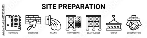 Site Preparation web banner icon vector illustration concept for business with icon of concrete, brickwall, filling, scaffolding, scaffoldings, girder, construction.