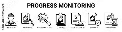 Progress Monitoring web banner icon vector illustration concept for business with icon of manager, searching, magnifying glass, clipboard, file management, document, file process.