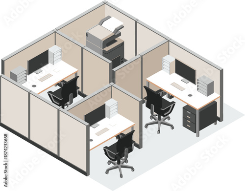 Isometric office cubicle illustration, modern workspace design, corporate workplace layout, business interior, open office concept, 3d vector