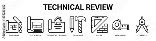 Technical Review web banner icon vector illustration concept for business with icon of blueprint, floor plan, technical drawing, drawings, ruler, measuring, compass.