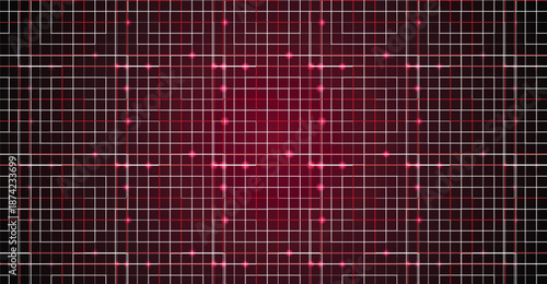 Abstract dark red background with a symmetrical grid of thin white lines and glowing red dots, creating a futuristic digital pattern.