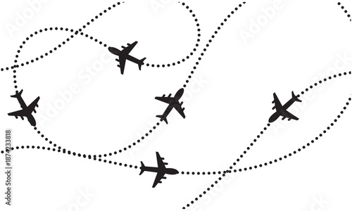 Airplane flight routes travel pattern background. Seamless aviation themed background with airplane icons and dotted flight paths, representing air travel, global transportation.