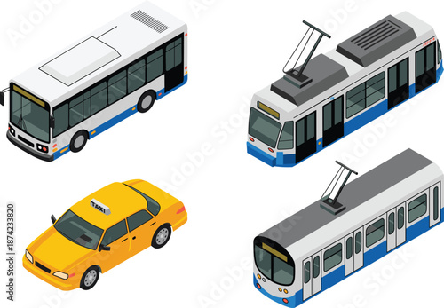 Isometric public transport vehicles illustration, bus, tram, metro train, taxi car, urban mobility, city transportation concept design