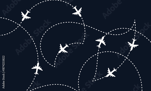 Airplane flight routes travel pattern background. Seamless aviation themed background with airplane icons and dotted flight paths, representing air travel, global transportation.