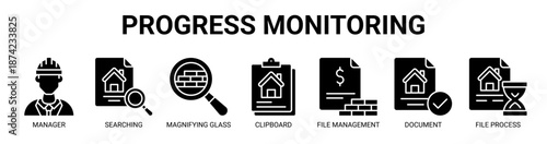 Progress Monitoring web banner icon vector illustration concept for business with icon of manager, searching, magnifying glass, clipboard, file management, document, file process.